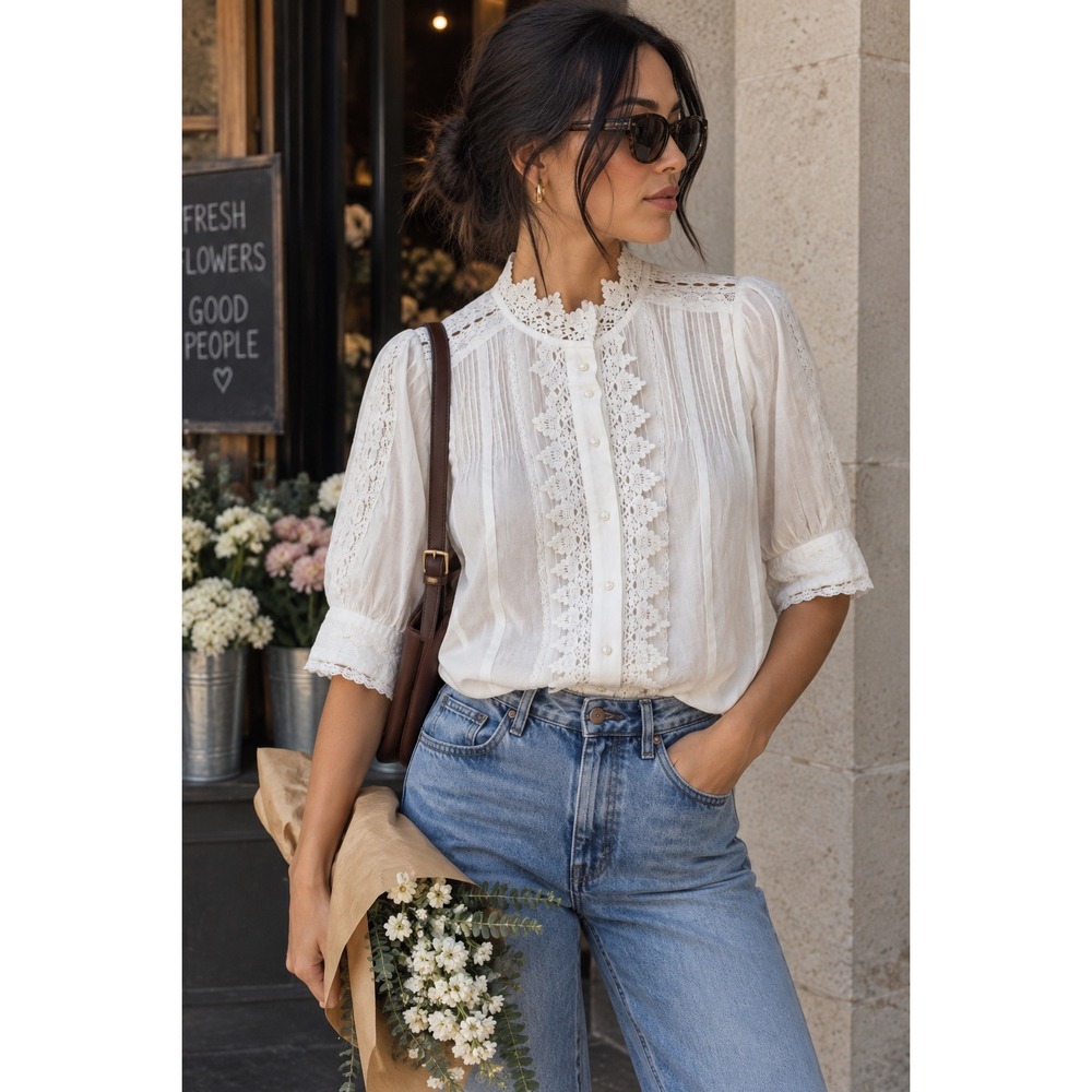 Jason Wu White Lace Pintuck Button Front Blouse S/P